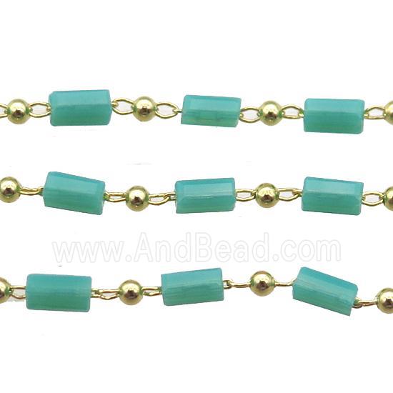 copper chain with green crystal glass beads, tube, gold plated
