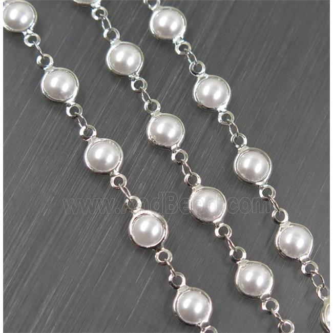 Copper Chain With White Pearlized Glass Platinum Plated