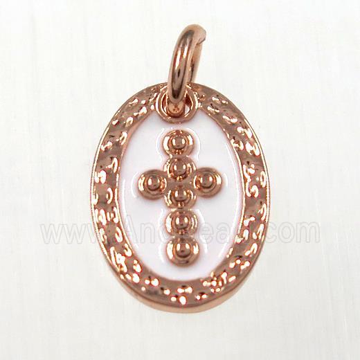 copper oval cross pendants, enamel, rose plated
