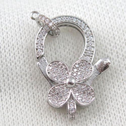 copper Lobster Clasp paved zircon, clover, platinum plated