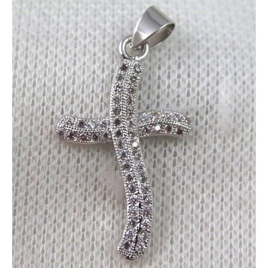 copper cross pendant paved zircon, platinum plated