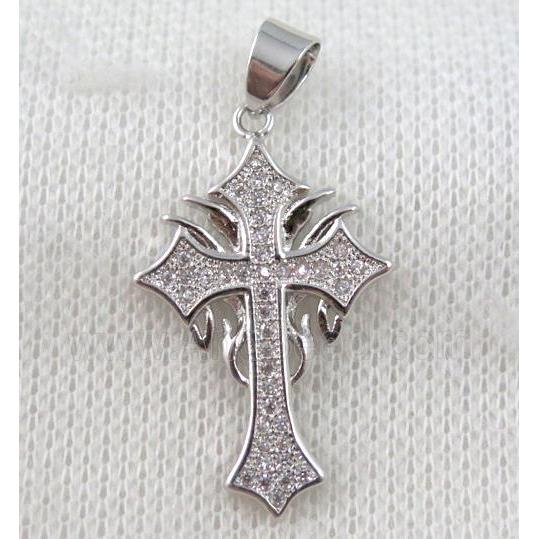 copper cross pendant paved zircon, platinum plated