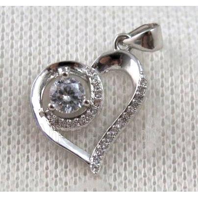 copper heart pendant paved zircon, platinum plated