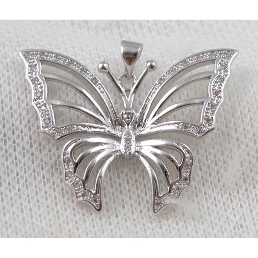 copper butterfly pendant paved zircon, platinum plated