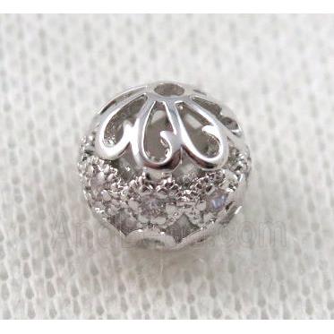 round copper bead paved zircon, hollow, platinum plated