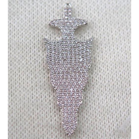 copper arrowhead pendant paved zircon, platinum plated