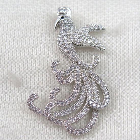copper peacock pendant paved zircon, platinum plated