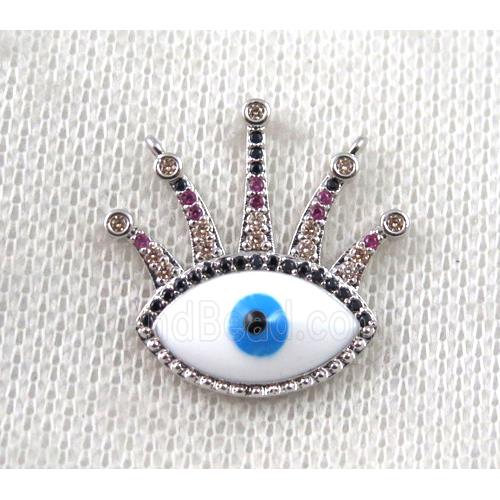 copper crown pendant paved zircon with 2loops, evil eye, platinum plated