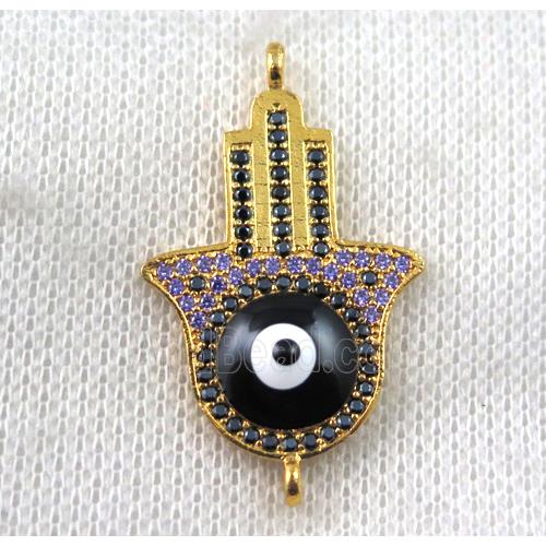 copper hamsahand connector paved zircon with evil eye, gold plated