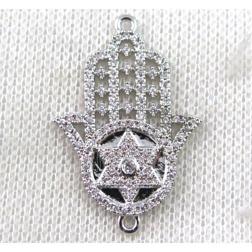 copper hamsahand connector paved zircon, platinum plated