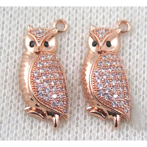 copper owl pendant paved zircon, rose gold