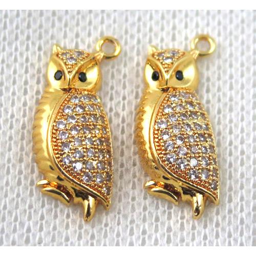 copper owl pendant paved zircon, gold plated