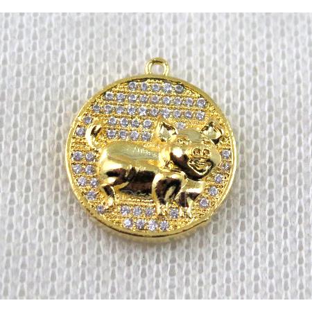 copper Zodiac Boar pendant paved zircon, gold plated