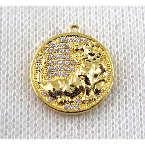copper Zodiac Dog pendant paved zircon, gold plated