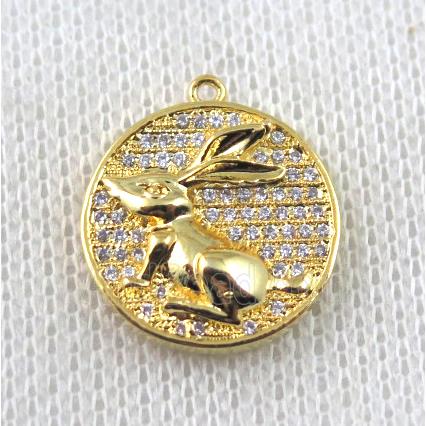 copper Zodiac Hare pendant paved zircon, gold plated