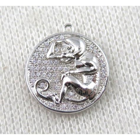 copper Zodiac Monkey pendant paved zircon, platinum plated