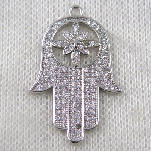 copper hamsahand pendant paved zircon, platinum plated