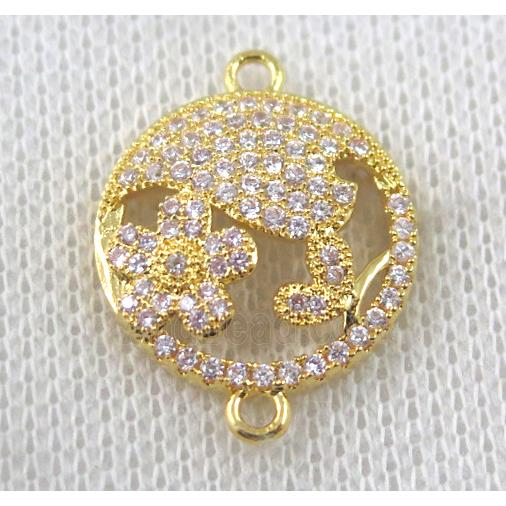 copper circle connector paved zircon with flower, gold plated