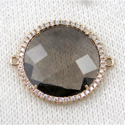 smoky Chinese Crystal Glass connector pave zircon, circle, gold plated