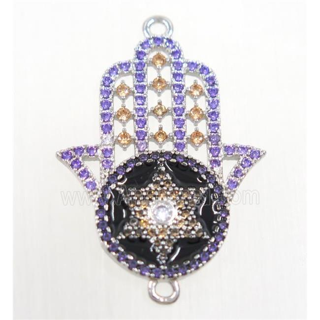 copper Hamsahand connector paved zircon, platinum plated