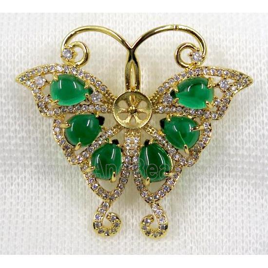 copper brooch paved zircon, gold plated, butterfly, green jade