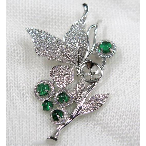 copper brooch paved zircon, platinum plated
