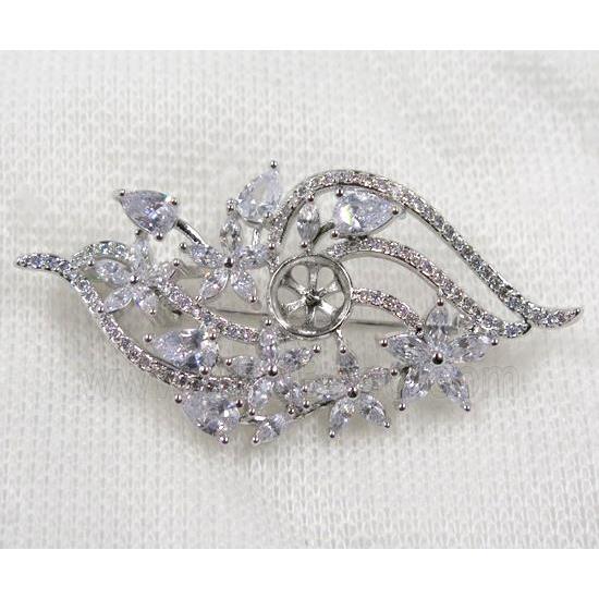 copper flower brooch paved zircon, platinum plated