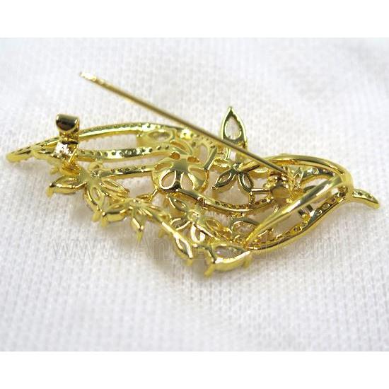 copper flower brooch paved zircon, gold plated
