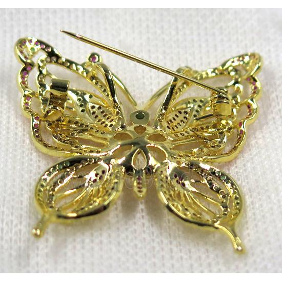 copper butterfly brooch paved zircon, gold plated