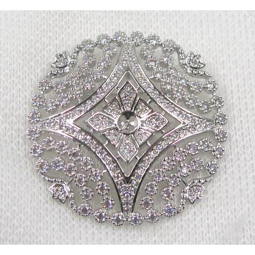 copper circle brooch paved zircon, platinum plated