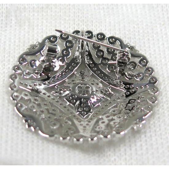 copper circle brooch paved zircon, platinum plated