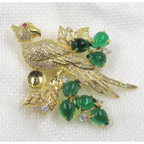 copper brooch paved zircon, gold plated, bird