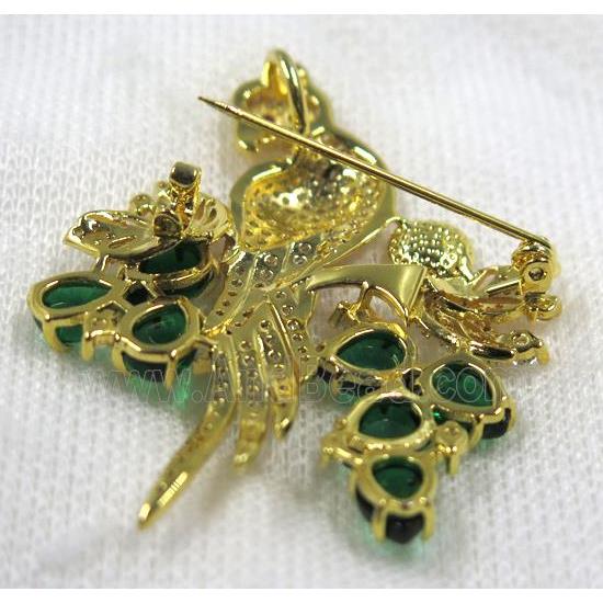 copper brooch paved zircon, gold plated, bird