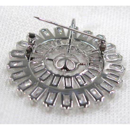 copper brooch paved zircon, platinum plated
