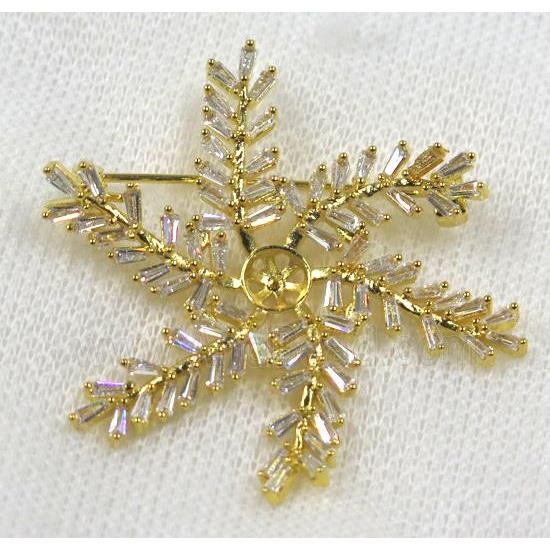 copper flower brooch paved zircon, gold plated