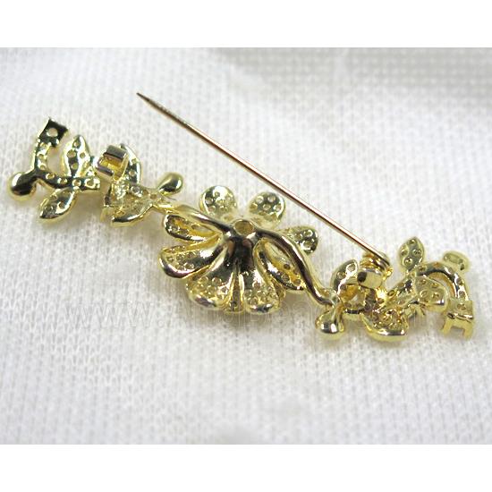 copper flower brooch paved zircon, gold plated