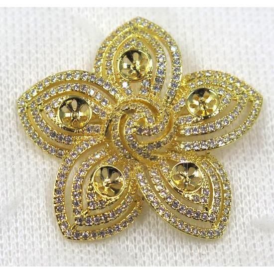 copper flower brooch paved zircon, gold plated