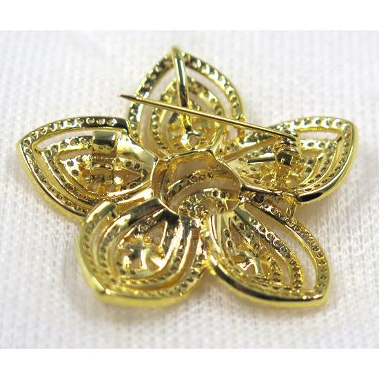 copper flower brooch paved zircon, gold plated