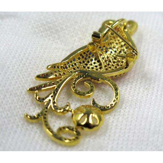 copper peacock brooch paved zircon, gold plated