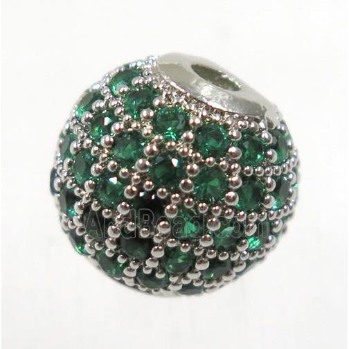 round copper beads pave green zircon, platinum plated