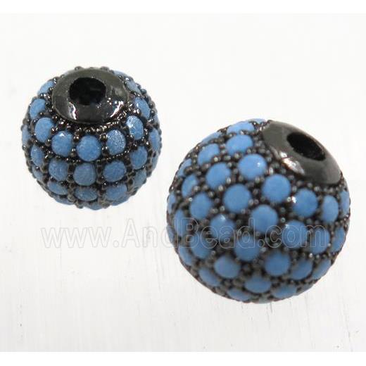 round copper beads pave zircon, black plated, turq