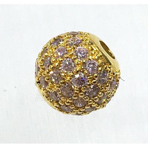 round copper beads pave zircon, gold plated