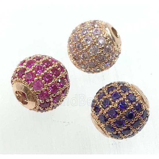 round copper beads pave zircon, gold plated, mix