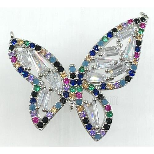copper butterfly pendant pave zircon with 2loops, platinum plated