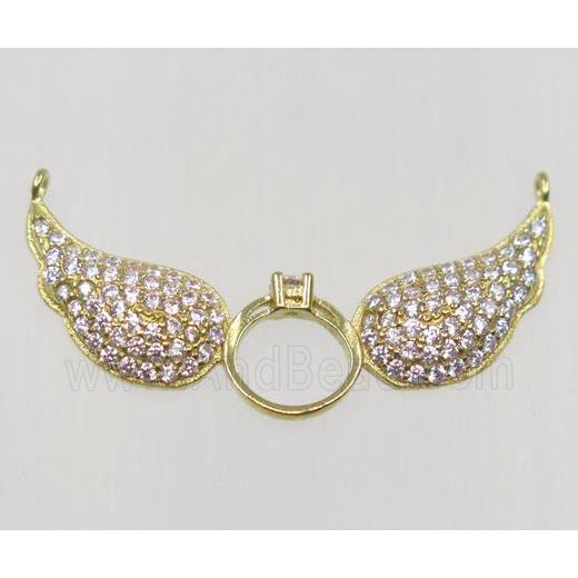 raw Brass Angel wing pendant paved zircon with 2loops