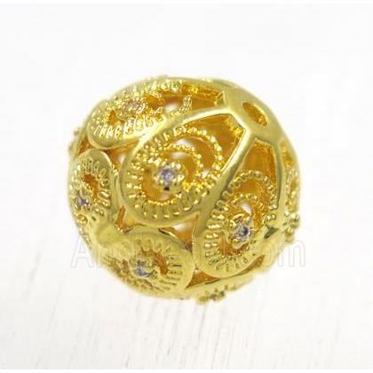 round copper beads pave zircon, gold plated