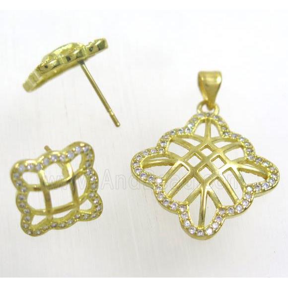 Raw Brass pendant and earring studs paved zircon