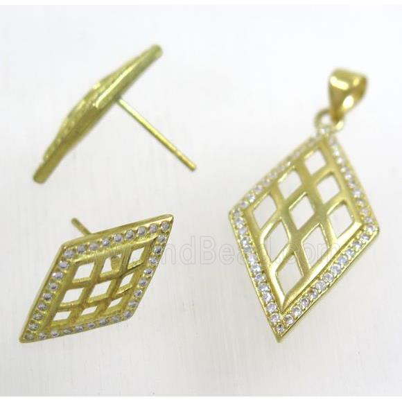 Raw Brass pendant and earring studs paved zircon
