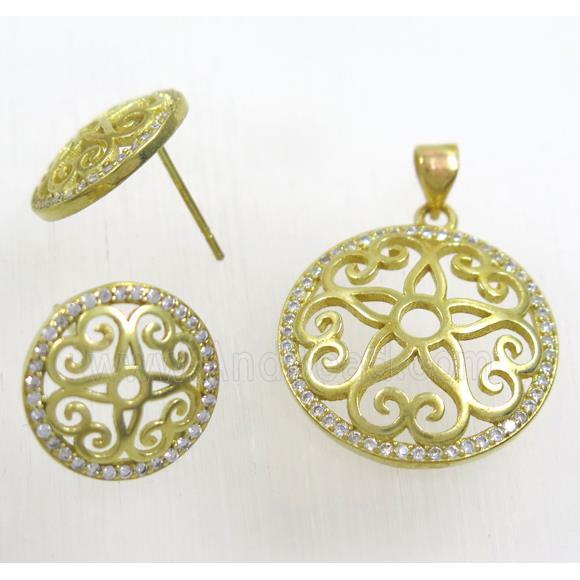 Raw Brass pendant and earring studs paved zircon