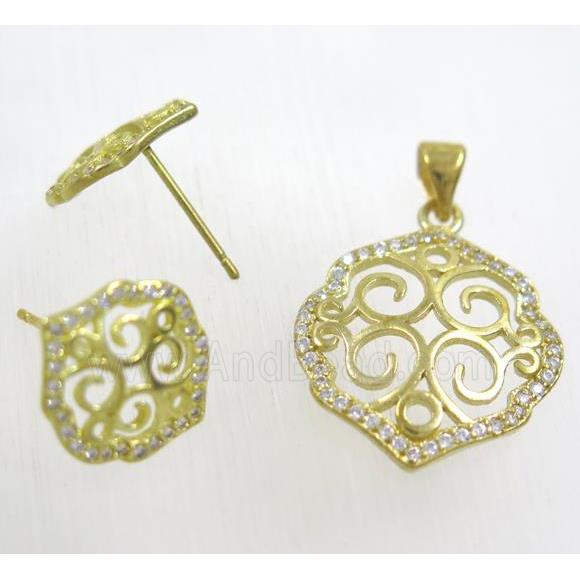 Raw Brass pendant and earring studs paved zircon